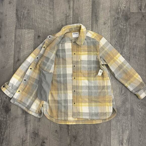 Old Navy Womens Soft-Brushed Plaid Shacket Yellow Gray White Size S - Picture 3 of 9